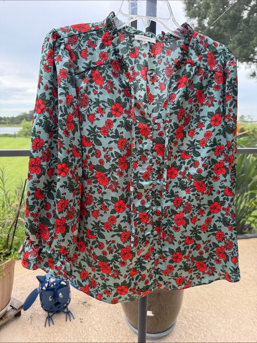 Pleione Red Floral Button-Front Blouse on Mint Green